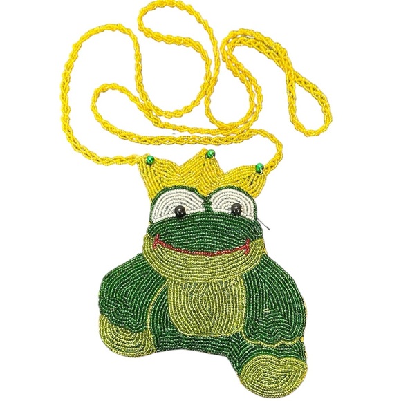 Vintage Handbags - Vtg Prince King Happy Beaded Frog Small Change Zip Purse Crossbody Gold Crown